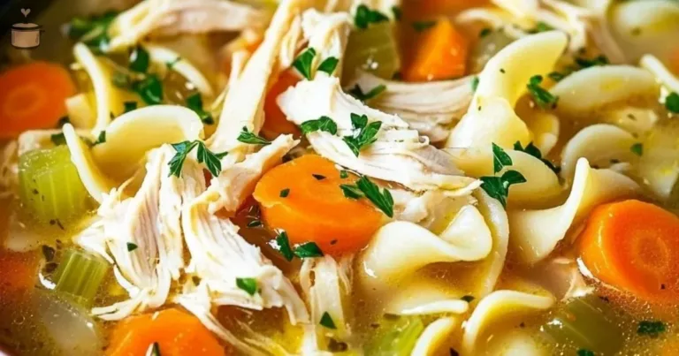 A warm bowl of classic chicken noodle soup garnished with herbs and noodles.