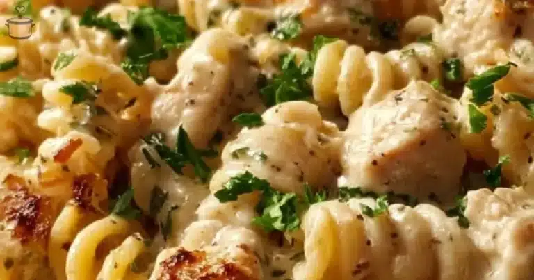 Creamy chicken pasta dish cooked in a crockpot, served in a bowl.