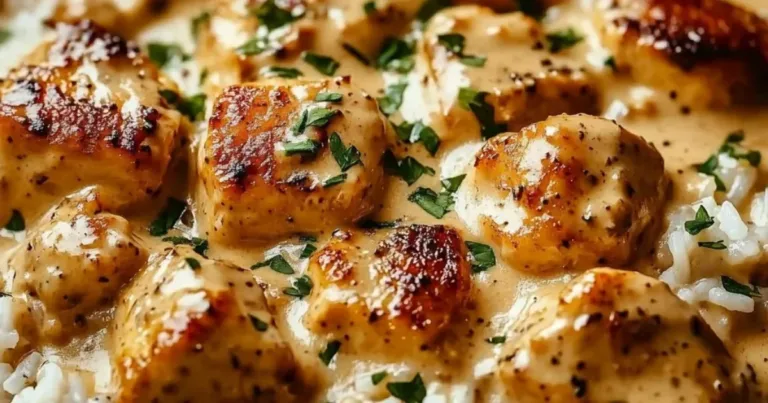 Creamy smothered chicken served with rice in a delicious sauce