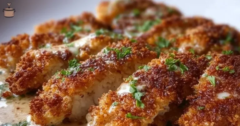 Crispy Parmesan Chicken topped with a creamy garlic sauce on a plate