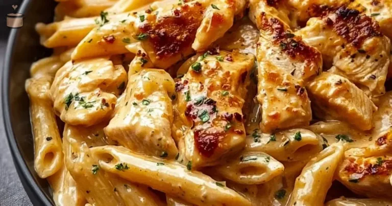 Crock Pot Creamy Cajun Chicken Pasta in a bowl with fresh herbs and spices