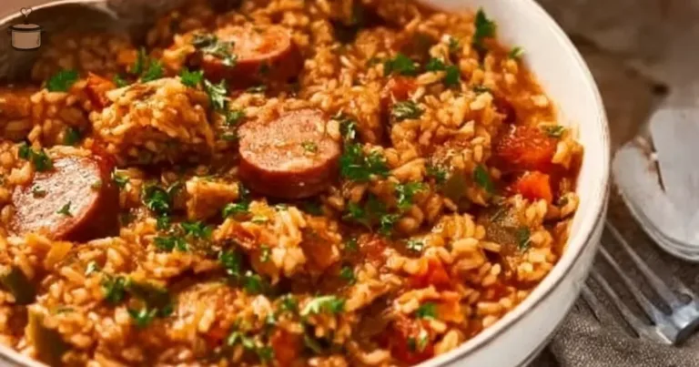 Delicious Crock Pot Jambalaya with rice, shrimp, sausage, and spices