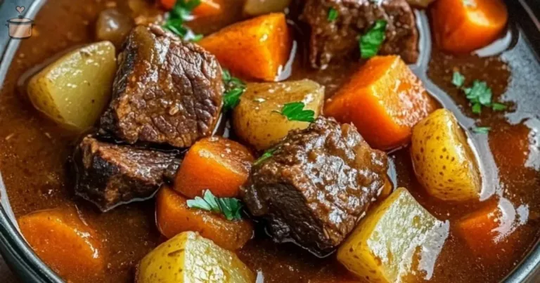 Crockpot beef stew simmering with vegetables and tender chunks of meat