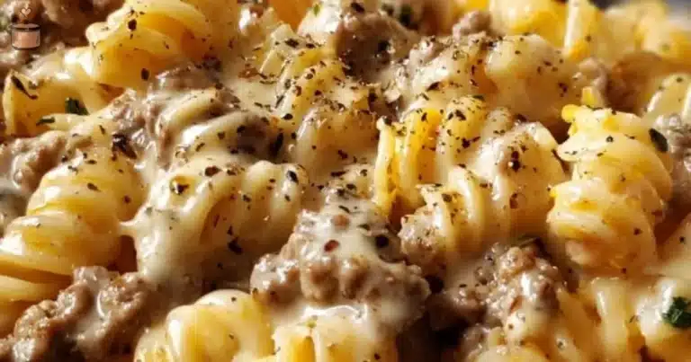 Crockpot Cheesy Ranch Beef Pasta Shells dish ready to serve