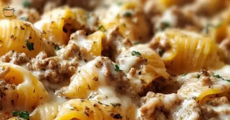 Crockpot Cheesy Ranch Beef Pasta Shells in a bowl, topped with herbs