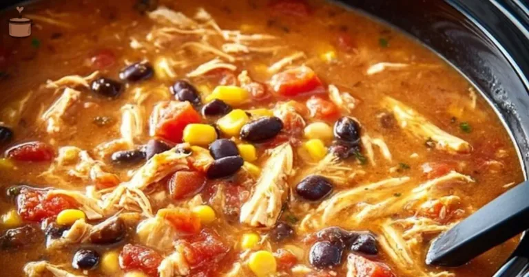 Delicious Crockpot Chicken Tortilla Soup garnished with tortilla strips and lime.