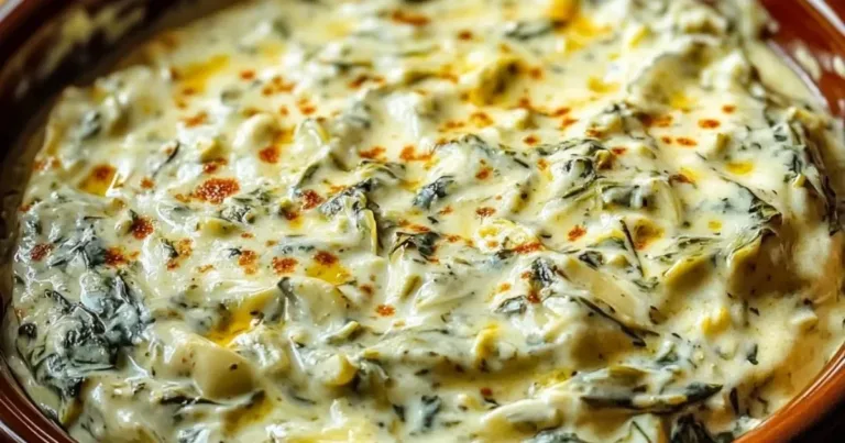 Crockpot creamy spinach artichoke dip served in a bowl with tortilla chips