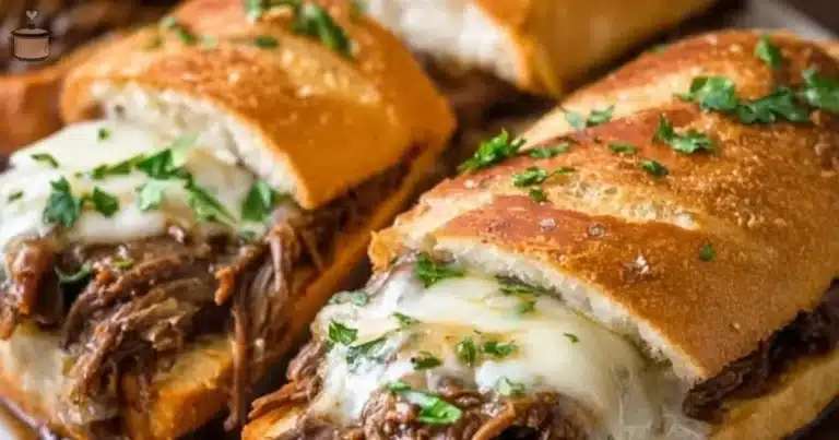 Delicious Crockpot French dip sandwiches with melted cheese and rich beef broth.
