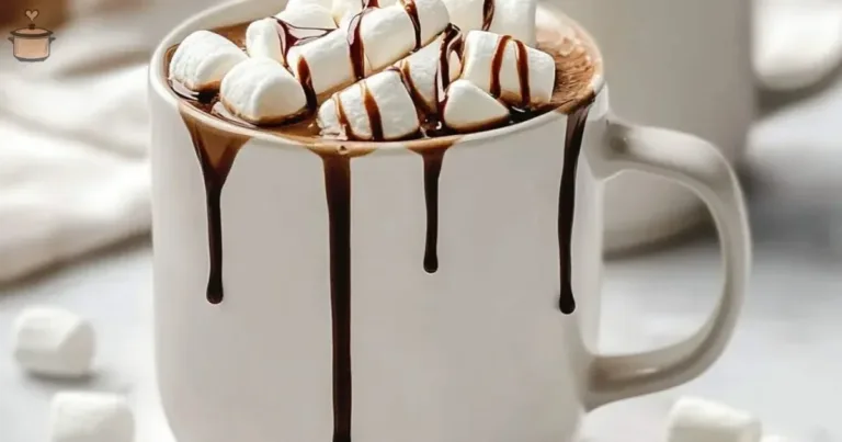 Delicious crockpot hot chocolate served in a mug with marshmallows on top.