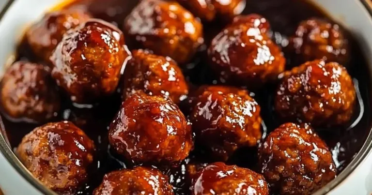 Crockpot meatballs simmering in grape jelly sauce in a slow cooker.