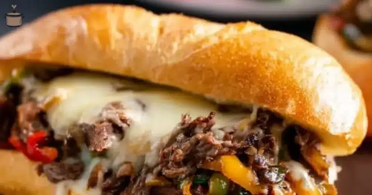 Crockpot Philly Cheesesteak ready to serve in a delicious sandwich