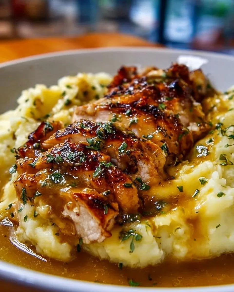 Golden Seared Chicken Breasts with Creamy Mashed Potatoes and Garlic Gravy