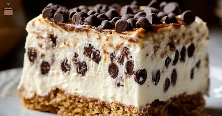 Slice of easy cannoli cake topped with chocolate chips and whipped cream