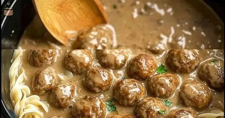 Delicious Swedish meatballs in a crockpot, ready to serve with sauce.