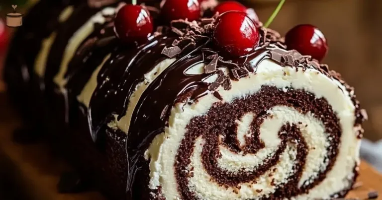 Elegant black forest cake roll adorned with cherries and whipped cream