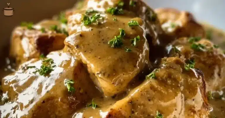 Delicious Crockpot Chicken and Gravy served with fresh herbs in a cozy bowl