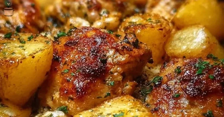 Garlic Parmesan crockpot chicken served with potatoes in a white dish