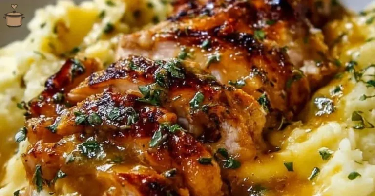 Golden seared chicken breasts topped with garlic gravy and served with creamy mashed potatoes.