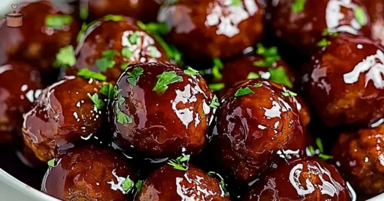 Plate of grape jelly meatballs garnished with herbs