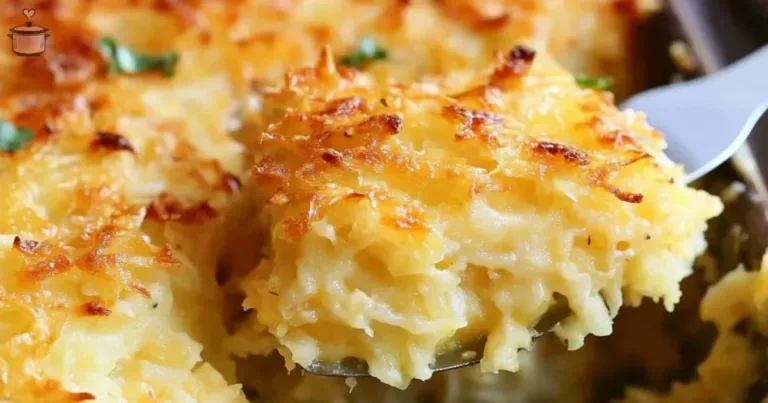 Delicious Hashbrown Casserole dish topped with cheese and crispy edges