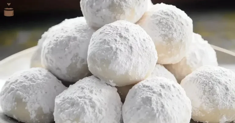 Delicious Italian Wedding Cookies dusted with powdered sugar on a decorative plate