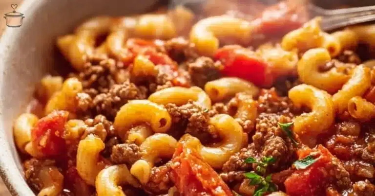 Delicious Crock Pot Goulash served in a bowl, showcasing its hearty ingredients.