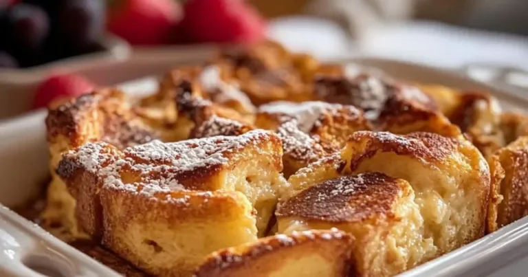 Oven-baked brioche French toast casserole topped with syrup and berries