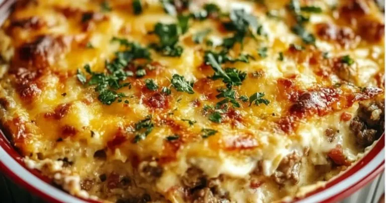 Delicious overnight crockpot breakfast casserole topped with cheese and herbs.