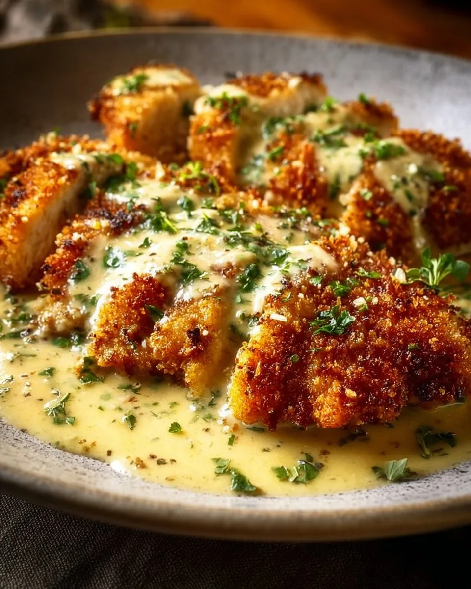 Crispy Parmesan Chicken with Garlic Cream Sauce