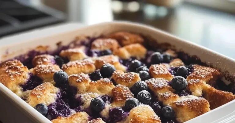 Quick Blueberry French Toast Casserole topped with fresh blueberries