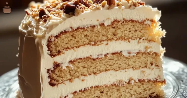 Delicious slice of Quick Italian Cream Cake topped with cream and nuts