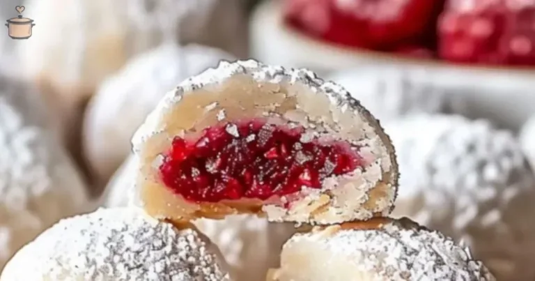 Plate of Raspberry Almond Snowball Cookies dusted with powdered sugar.