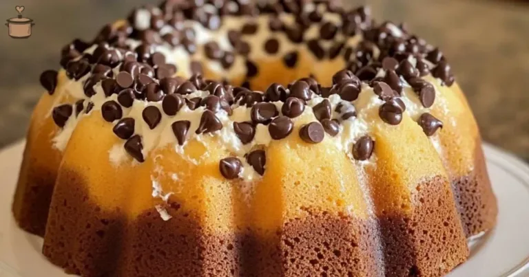 Delicious Ricotta Chocolate Chip Bundt Cake with chocolate chips and a slice cut