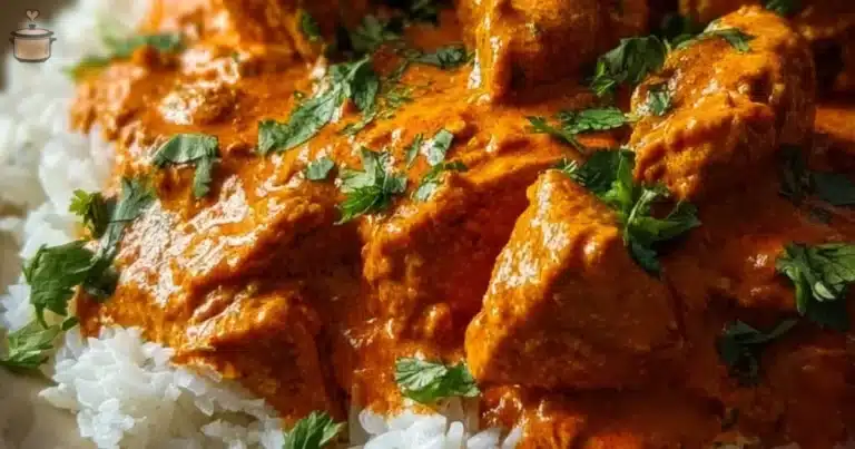 Delicious Slow Cooker Butter Chicken served in a bowl with rice and herbs