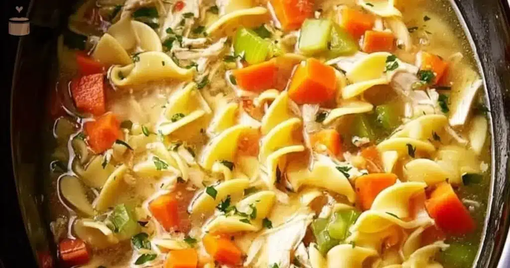Warm bowl of slow cooker chicken noodle soup with fresh ingredients