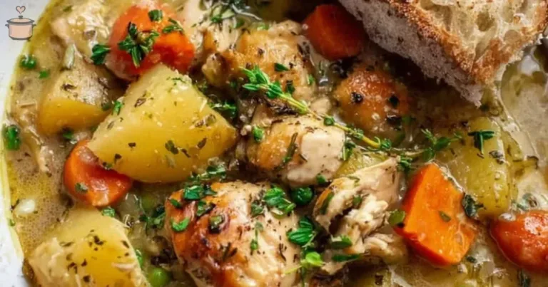 Bowl of hearty slow cooker chicken stew with vegetables