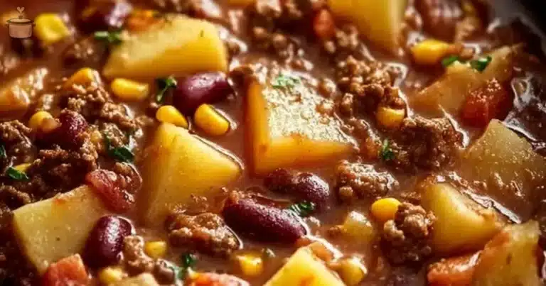 Delicious Slow Cooker Cowboy Casserole in a serving dish with toppings