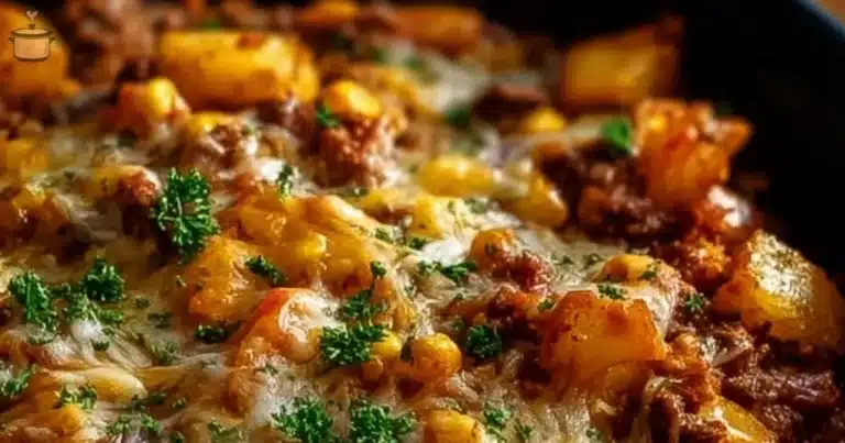 Slow Cooker Cowboy Casserole filled with meat, beans, and cheese in a cozy dish