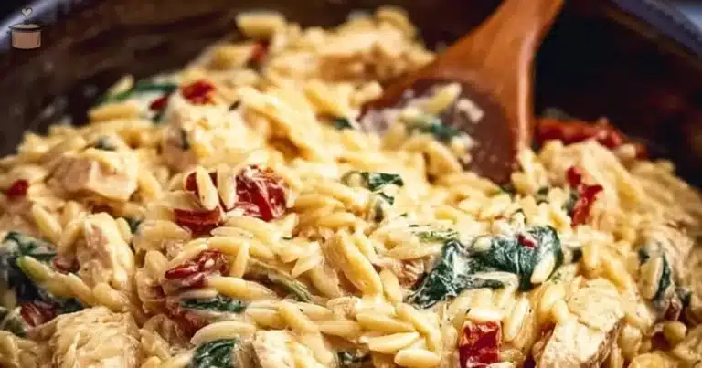 Slow Cooker Creamy Tuscan Chicken Orzo with herbs and creamy sauce