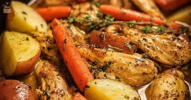 Slow Cooker Garlic Butter Chicken with fresh vegetables in a serving dish