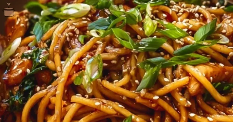 Slow Cooker Honey Garlic Chicken Noodles with garnished green onions