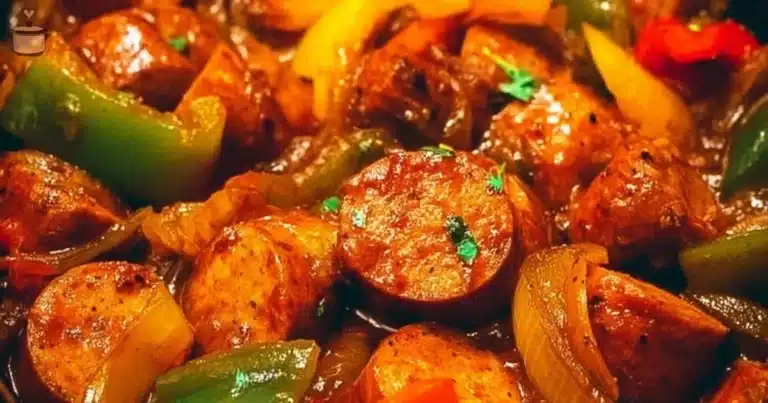 Slow cooker sausage and peppers dish served with colorful bell peppers