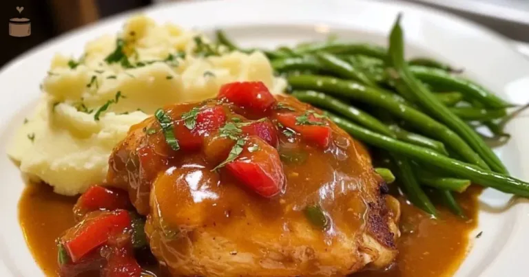 Delicious plate of smothered chicken with creamy gravy and sides