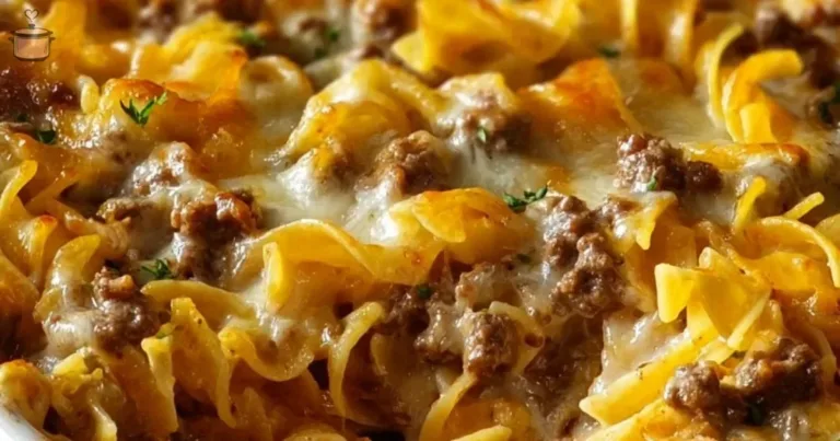 Sour Cream Beef Noodle Casserole baked in an attractive dish