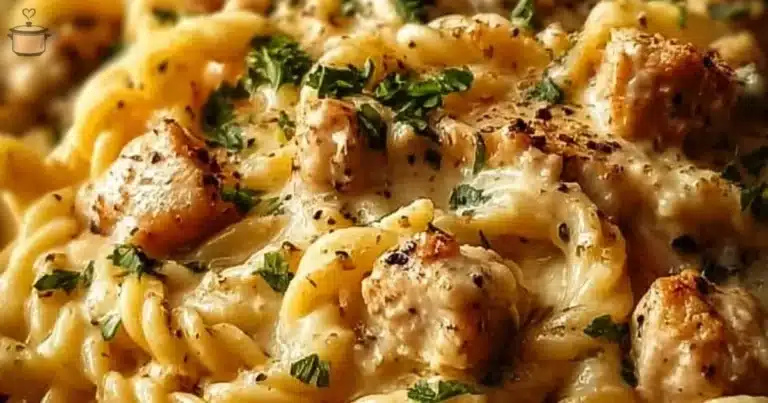 Delicious crockpot garlic parmesan chicken pasta in a bowl.