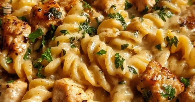 Delicious crockpot garlic parmesan chicken pasta ready to serve