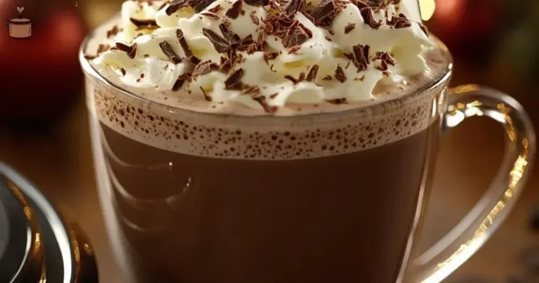 A steaming mug of creamy, rich crockpot hot chocolate topped with whipped cream.
