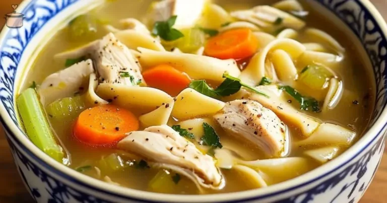 A hearty bowl of ultimate chicken noodle soup with vegetables and herbs