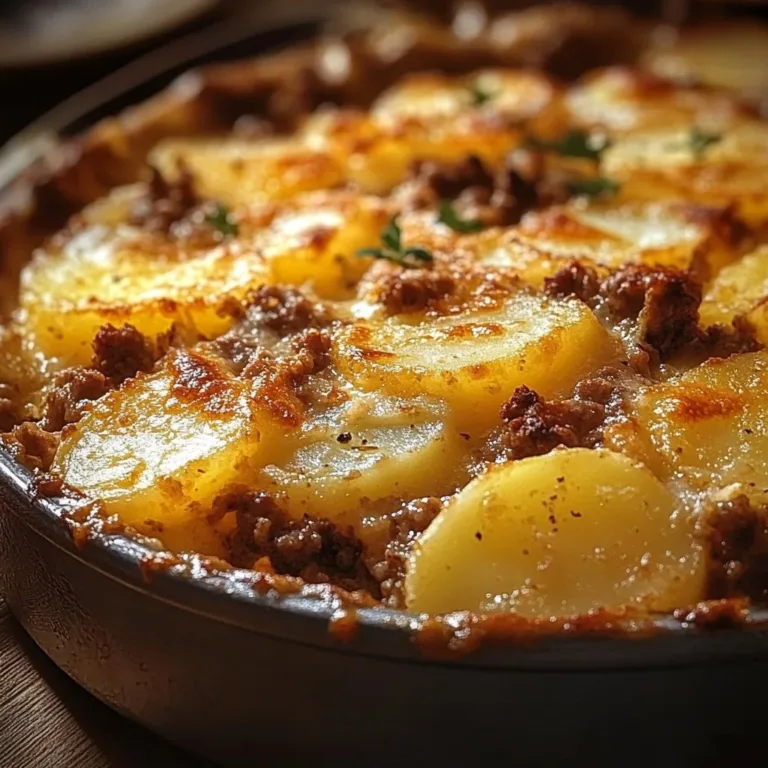 Beef and potato casserole topped with cheese and herbs in a baking dish