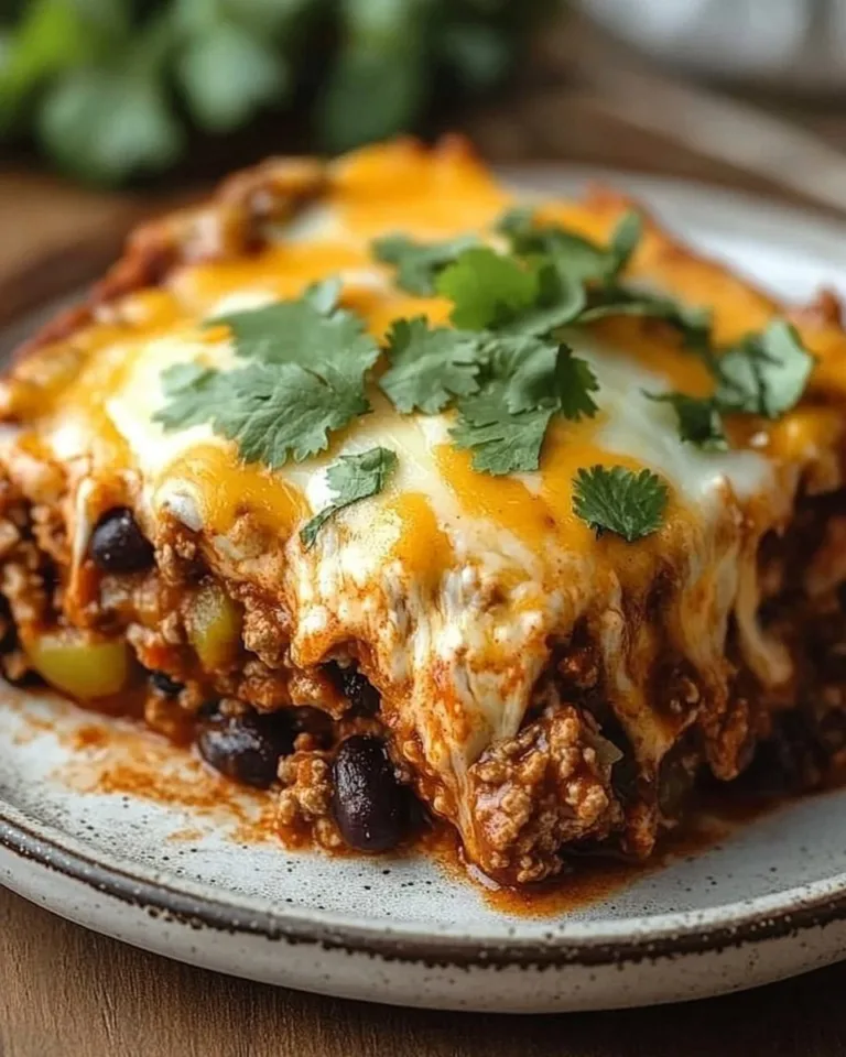Delicious beef enchilada casserole topped with cheese and fresh ingredients.